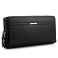 Pochette business pour hommes en cuir noir à double fermeture éclair, portefeuille long - Noir