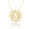 Golden round sunflower necklace with letter M pendant and sparkling zircon stones - Gold Letter-M