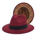 Stylish burgundy wool fedora hat for women with leopard print underbrim and black ribbon band - M (56-58cm) / Burgundy
