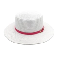 White flat top straw boater hat with a bright rose red band and golden metal buckle - M(56-58cm) / Pure White