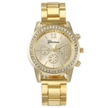 Macro detail of gold-tone Geneva quartz watch with rhinestone bezel and metal link bracelet - Gold Flat End