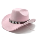 Detailed view of pink suede fedora hat featuring a black leather band and turquoise studs - M (56-59cm) / Pink Suede