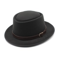 Chapeau fedora en feutre de laine noir avec bandeau en cuir marron et boucle dorée - M (56-58cm) / Noir