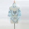 Light blue lace triangle shawl with large butterfly embroidery and long tassel trim - Light Blue