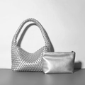 Silver hand-woven tote bag and matching pouch set with metallic finish for women - Silver