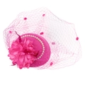 Pink fascinator hat with veil mesh flower and pearls for wedding party hair styling - Rose Red