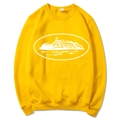 Men's yellow crewneck sweatshirt with central graphic print on plain white background - Yellow