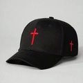 Detail of red cross embroidery on black cotton canvas baseball cap with 3D texture - One Size / Black with Red Letters