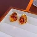 Close-up of vintage geometric tiger eye resin earrings with gold-plated metal edges - 925 Sterling Silver Earring Post-Coffee-Curved