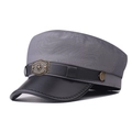 Detailed shot of grey fabric military hat with black leather brim and star metal badge - M (56-58cm) / Grey With Star Badge