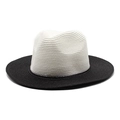 Close-up of tight weave textures and two-tone stitching on a Panama straw hat - M (56-58cm) / White + Black