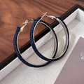 Navy blue denim fabric wrapped round hoop earrings with silver inner metallic finish - Blue (Silver Earring Post)