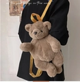 Brown plush teddy bear backpack with yellow straps worn by model against a white wall - Khaki