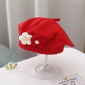 Red knit baby beret hat with white and red yarn flowers on a white display stand - Double Flower Knit Beret / Red