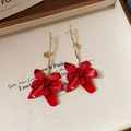 French vintage long red orchid flower earrings with matte red petals and golden branch hook - Red Orchid Long Ear Hook Style (113#) / Gold/Red