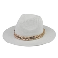 Detail shot of white woven fedora hat featuring a chunky gold metal chain decoration - Adult 57-60cm / White