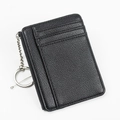 Slim black lychee pattern leather card holder wallet with zipper and keychain ring - Black
