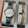 Detailed view of silver quartz watch and golden butterfly bracelet in a gift box - Silver Watch Butterfly Bracelet Set
