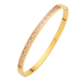 Golden titanium steel bangle featuring a row of elegant pink rectangular crystals - Narrow Version / Gold + Pink