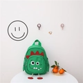 Green canvas kids backpack featuring a cute 3D cartoon dinosaur design with side mesh pockets - Green