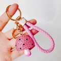 Detail of pink rhinestone mushroom keychain with gold hardware and woven strap - Mushroom + Heart Strap / Pink