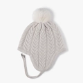Berretto beige lavorato a maglia per donna con paraorecchie e pompon in finta pelliccia - Taglia unica / Beige