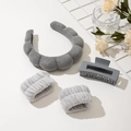 Plush sponge headband set with wristbands and hair claw for skincare and face washing - Grey Headband Wristbands And Square Clip