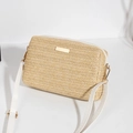 Natural straw crossbody bag with white leather strap and gold plaque detail - Beige