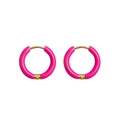 Detail view of pink enamel huggie hoop earrings with 18K gold plated stainless steel hinges - Rose Red