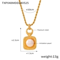 Gold plated titanium steel necklace with square polka dot pendant and white pearl inlay - Freshwater Pearl Necklace / Gold
