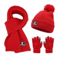 Winter kids red knit set including beanie with pom-pom, scarf, and touch gloves - Red