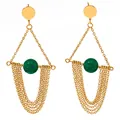 Pendientes dorados elegantes con ágata verde y largas cadenas de borlas con flecos - 14k / Estilo Ágata Verde Hierba(KDE530)