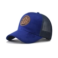 Detail of navy faux suede trucker hat with round leather patch and breathable gray mesh - Adjustable / Sapphire Blue
