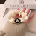 Beige silk camellia heart scrunchie with rhinestones and black flower accents - White Flower