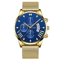 Gold-plated stainless steel mesh strap watch with navy blue dial and calendar display - Blue Dial Gold Hands Gold Band