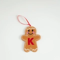 Brown felt gingerbread man ornament with red letter K embroidery and silk ribbon - Letter K