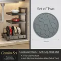 Adjustable 3-tier black carbon steel pot organizer rack with two gray anti-slip heat mats - 3-Tier Pot Rack + 2 Heat Insulation Pads / Gunmetal