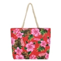 Ethnic style large tote bag with red tropical floral print and cotton rope handle - Red
