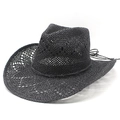 Classic black hollow-out straw cowboy hat with a wide brim for summer sun protection - M (56-58cm) / Black