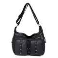 Borsa a tracolla versatile in pelle PU nera con trama plissettata e rivetti argento - Nero