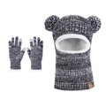 Kids winter knit balaclava hat and touchscreen gloves set with warm fleece lining - Two-tone Black
