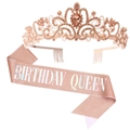 Rose gold birthday queen sash and sparkling rhinestone tiara set for party girls - One Size / Champagne Rhinestone + Rose Gold Holographic Queen Sash