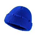 Klein blue knitted beanie featuring a ribbed texture and distressed ripped edge details - Blue