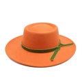 Detail showing orange wool felt boater hat with contrast green velvet ribbon bands - M (56-58cm) / Orange