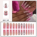 Long pink French press-on nails with silver rhinestones and butterfly charms - Pink and Nude Patchwork French Rhinestone Style (SGCY-349)