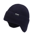 Dark blue knitted ear-protection winter hat with a white SPORT logo patch on the front - Navy Blue
