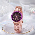Detail of rose gold ladies watch featuring a purple faceted dial and crystal indices - Purple Dial