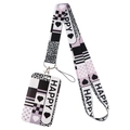 Roze pasjeshouder met hartjes en luipaardprint, 'HAPPY' tekst en zwart koordje - Luipaard Hart HAPPY / Lanyard & Kaarthouder Set