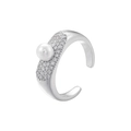 Detailed close-up of a silver ring with a central pearl and micro-pave crystals - VJ674 White Gold