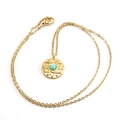 Gold stainless steel necklace with round hexagram pendant featuring turquoise bead inlay - Gold Hexagram Turquoise Style (ZN234G)
